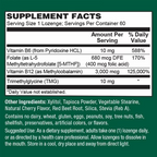 Supplement facts label for methylated b12 plant fusion supplement with folate and b6.