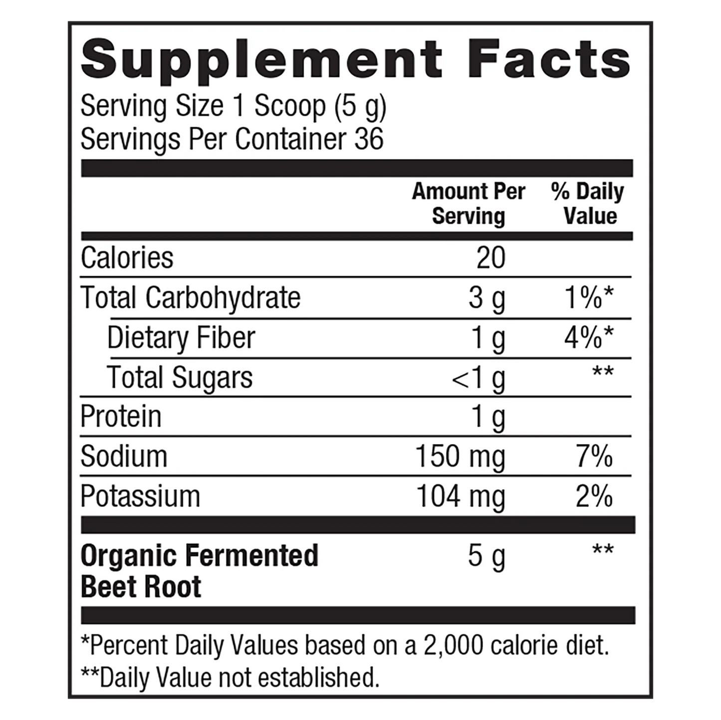 Supplement facts label for Plant Fusion fermented beet root powder including calories,carbohdrates and additional information.