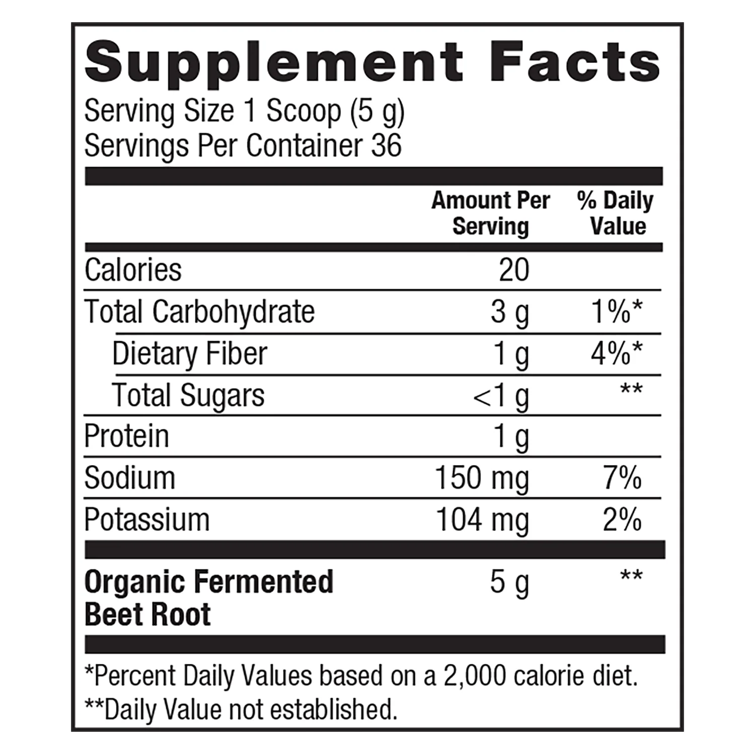 Supplement facts label for Plant Fusion fermented beet root powder including calories,carbohdrates and additional information.