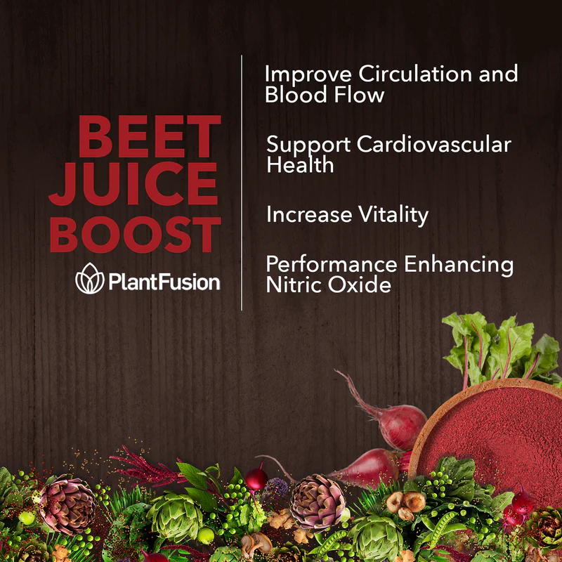 Advertisement for Beet Juice Boost by PlantFusion with beetroot and green leaves on a dark background.