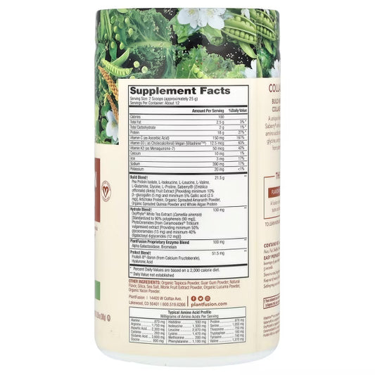 PlantFusion Collagen Builder supplement container with green leafy graphics on a white background