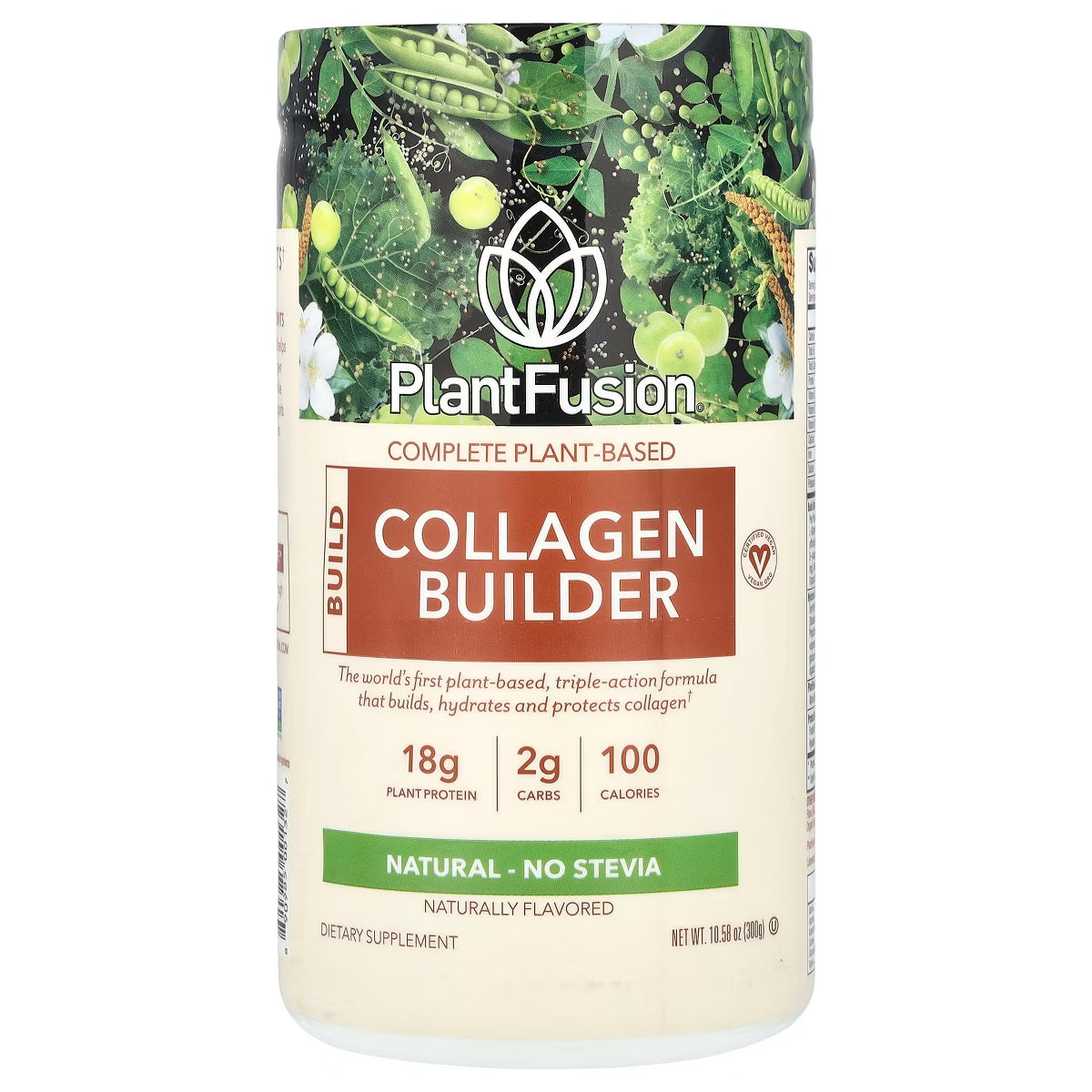 PlantFusion Collagen Builder supplement container with green leafy graphics on a white background