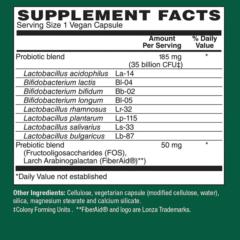 Supplement facts label for a probiotic blend on a green background