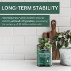Probiotic supplement bottle with text about long-term stability on a kitchen counter.