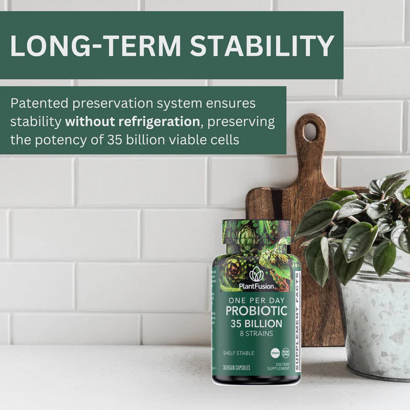 Probiotic supplement bottle with text about long-term stability on a kitchen counter.