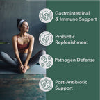 Woman sitting on a mat with health benefits listed on a green background
