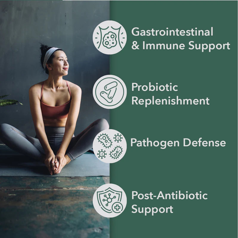 Woman sitting on a mat with health benefits listed on a green background
