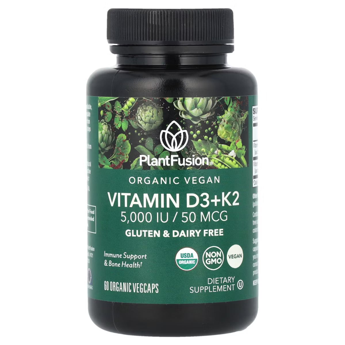 PlantFusion Vitamin D3+K2 supplement bottle on a white background
