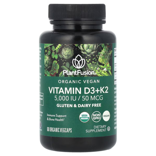 PlantFusion Vitamin D3+K2 supplement bottle on a white background