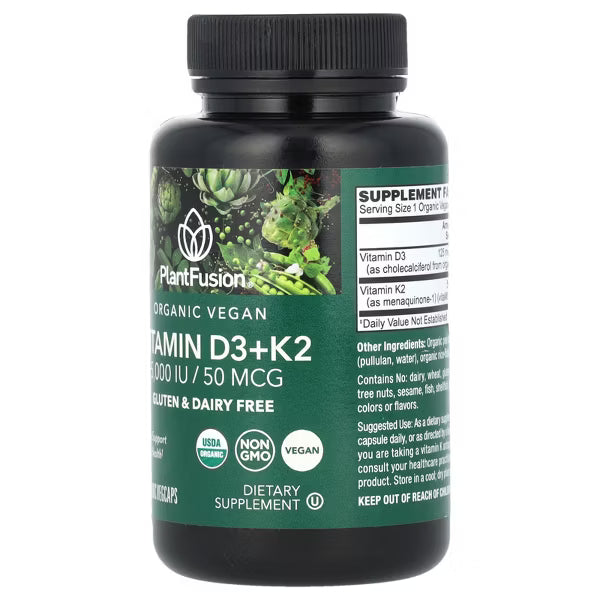 Supplement bottle labeled 'PlantFusion Vitamin D3+K2' on a white background